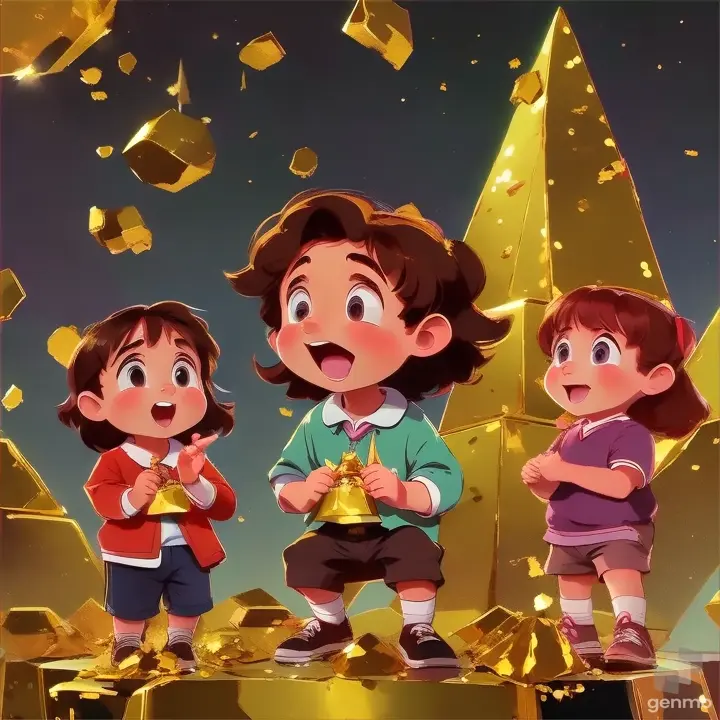 a group of children standing on top of a pile of gold