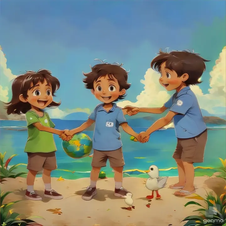 a group of children holding hands on a beach