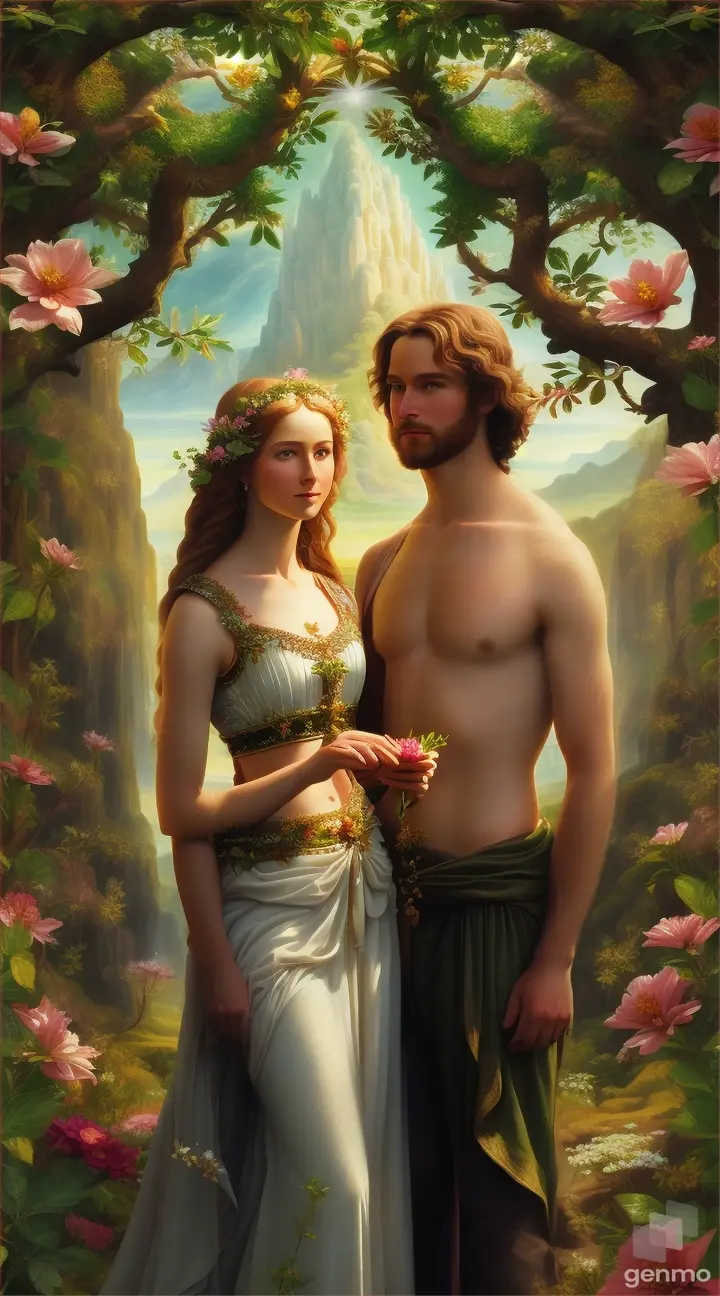 Adam and Eve standing in a celestial mountain garden surrounded by glowing flora and serene creatures