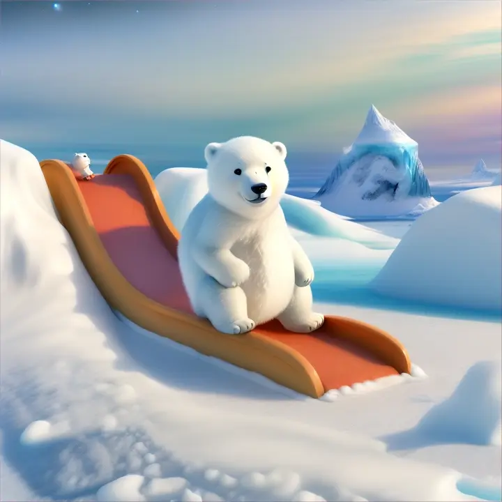 A cartoon Baby polar bear playing on a fantasy slide in the arctic