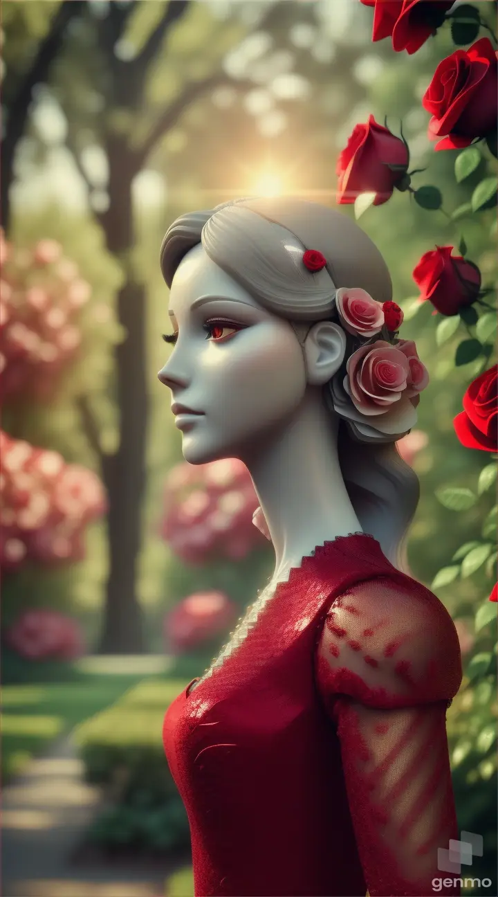 romantic, walking plastic human female figure fused with red roses, 