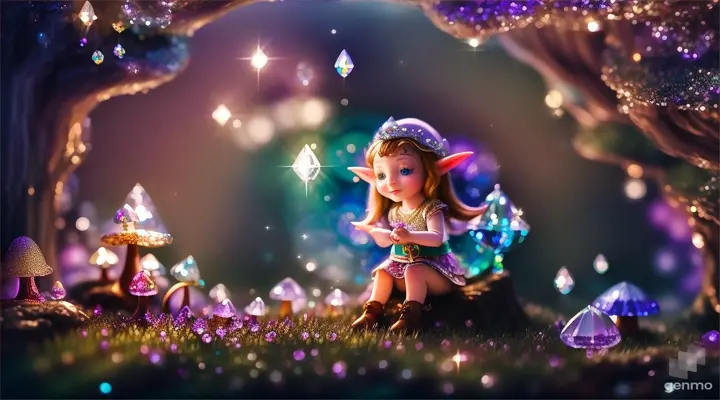 A small elf cute exploring a crystal and quartz diamonds cavern filled with sparkling quartz mushrooms and glowing fairies.