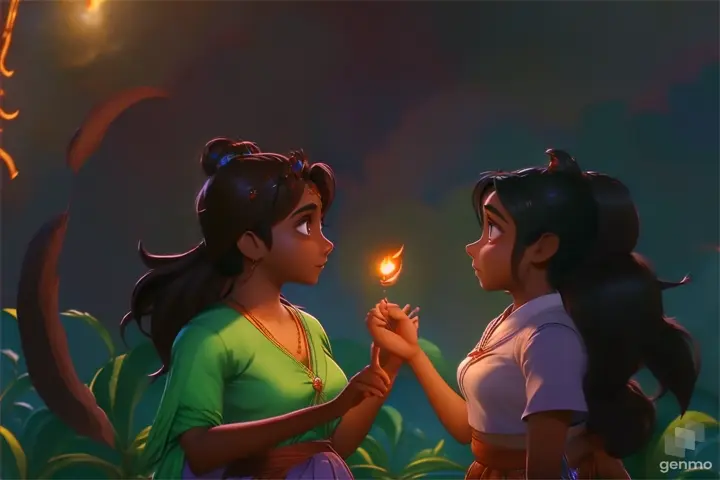 The Wanderer's hand outstretched towards the beautiful devils, offering a glimmer of hope amidst the darkness, while Pratyusha, Sadhika, and Bhargavi exchange hesitant glances, torn between their pride and the possibility of redemption.