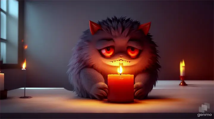 Animated scene features a close-up of a short fluffy monster kneeling beside a melting red candle. The art style is 3D and realistic, with a focus on lighting and texture. The mood of the painting is one of wonder and curiosity, as the monster gazes at the flame with wide eyes and open mouth. Its pose and expression convey a sense of innocence and playfulness, as if it is exploring the world around it for the first time. The use of warm colors and dramatic lighting further enhances the cozy atmosphere of the image.