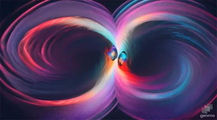 Two twin mythical ghost Siamese fighting fish shaped like night & day a star is born in a nebulous cloud, a black hole is created from the death of an orbiting star floating in a gas cloud in the cosmos a holographic nebula, swimming around each-other in a spiraling motion, eating one another’s tail in a yin-yang, 32K HD HDR masterpiece