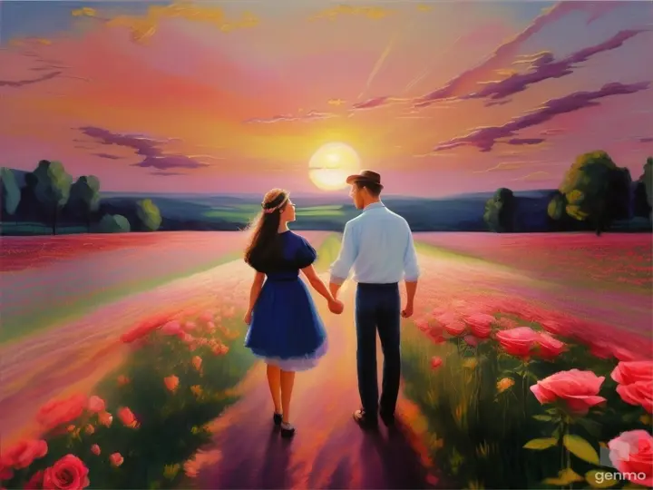 a painting of a man and a woman in a field of roses