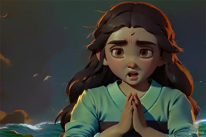  Bhargavi's tear-streaked face is bathed in the gentle glow of the Wanderer's light, her hands clasped in prayer as she surrenders to the overwhelming tide of emotions surging within her, embracing the chance for redemption with open arms.]