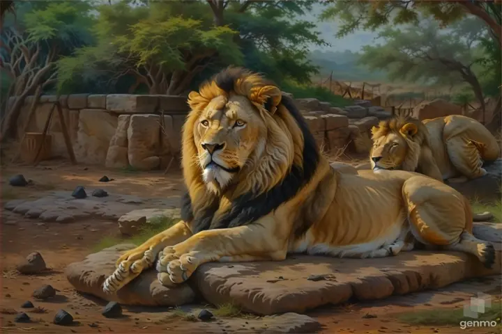 a painting of a lion laying on a rock