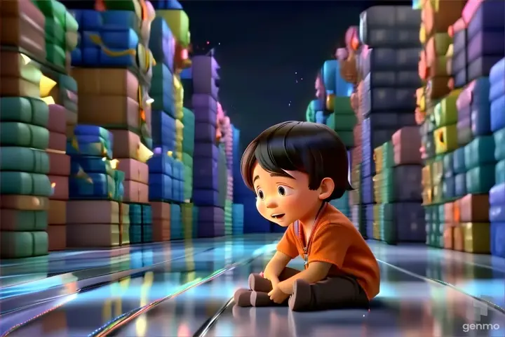 a little boy sitting on the floor in front of stacks of boxes