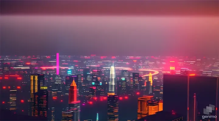 Elevated view of a photorealistic, cinematic cityscape with a cyberpunk woman walking in the foreground