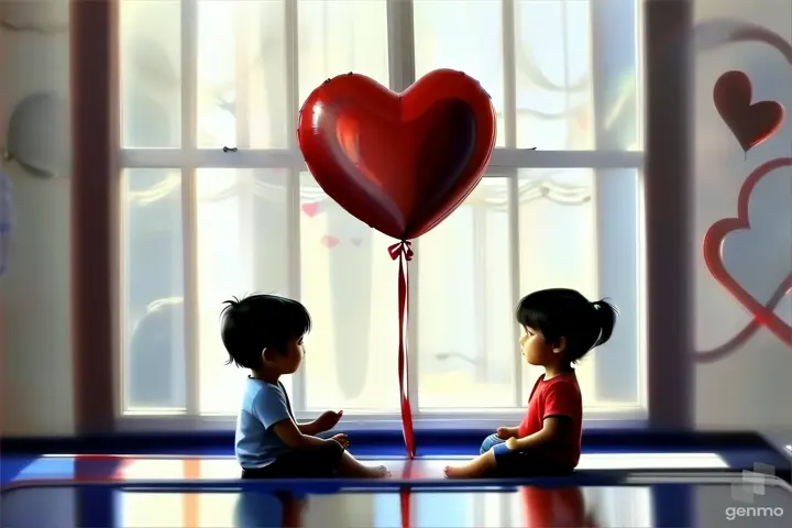 two children sitting in front of a heart shaped balloon