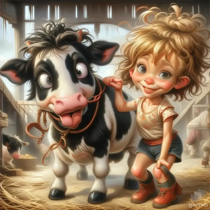 a painting of a little girl and a cow