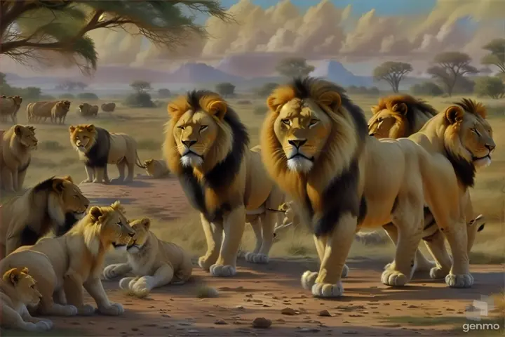 a painting of lions and lions in the wild