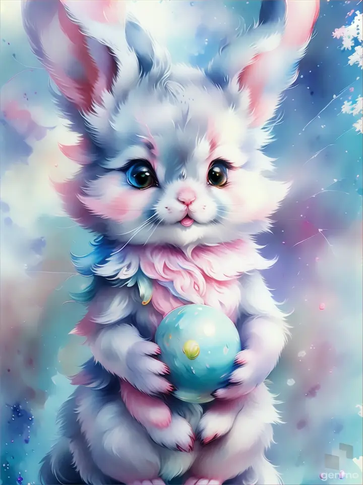 A painting of a little bunny holding a blue ball in a magical forest, illuminated by glowing fireflies