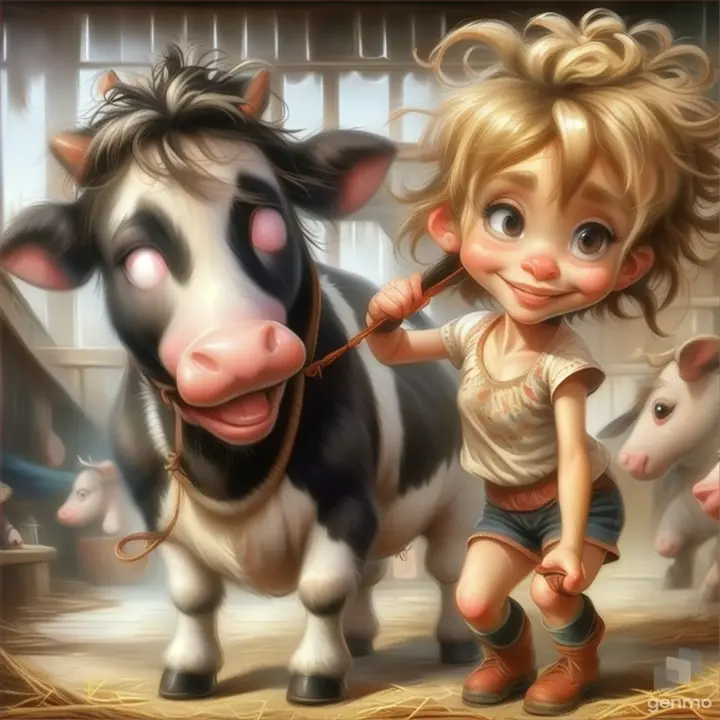 a painting of a little girl and a cow