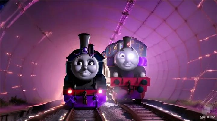 Thomas the Train with ((spider legs)) emerging from a spider-webbed tunnel, against the backdrop of mesmerizing purple sky