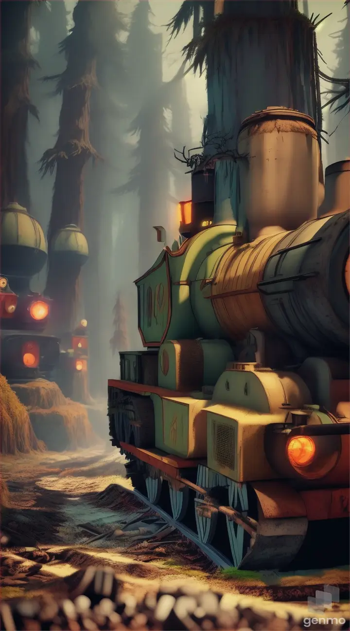 Cartoon forest apocalypse with  ((Thomas the Train)), spider legs, toxic waste, negative colors