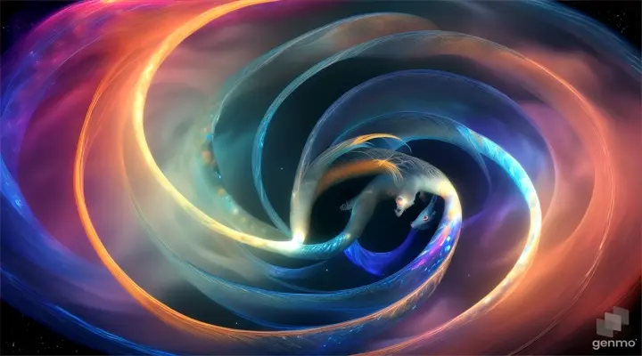 Two twin mythical ghost Siamese fighting fish shaped like night & day a star is born in a nebulous cloud, a black hole is created from the death of an orbiting star floating in a gas cloud in the cosmos a holographic nebula, swimming around each-other in a spiraling motion, eating one another’s tail in a yin-yang, 32K HD HDR masterpiece