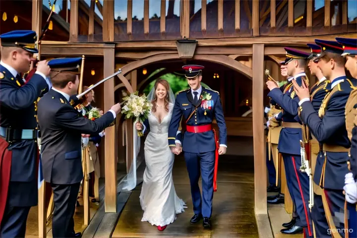 a bride and groom walking through a guard of honour, swords raised