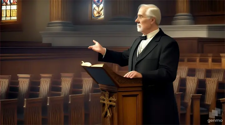 old preacher with a white collar on a high pulpit, a large cross behind him