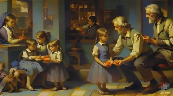 a painting of a man with two children