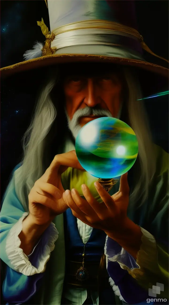 a painting of a wizard holding a crystal ball