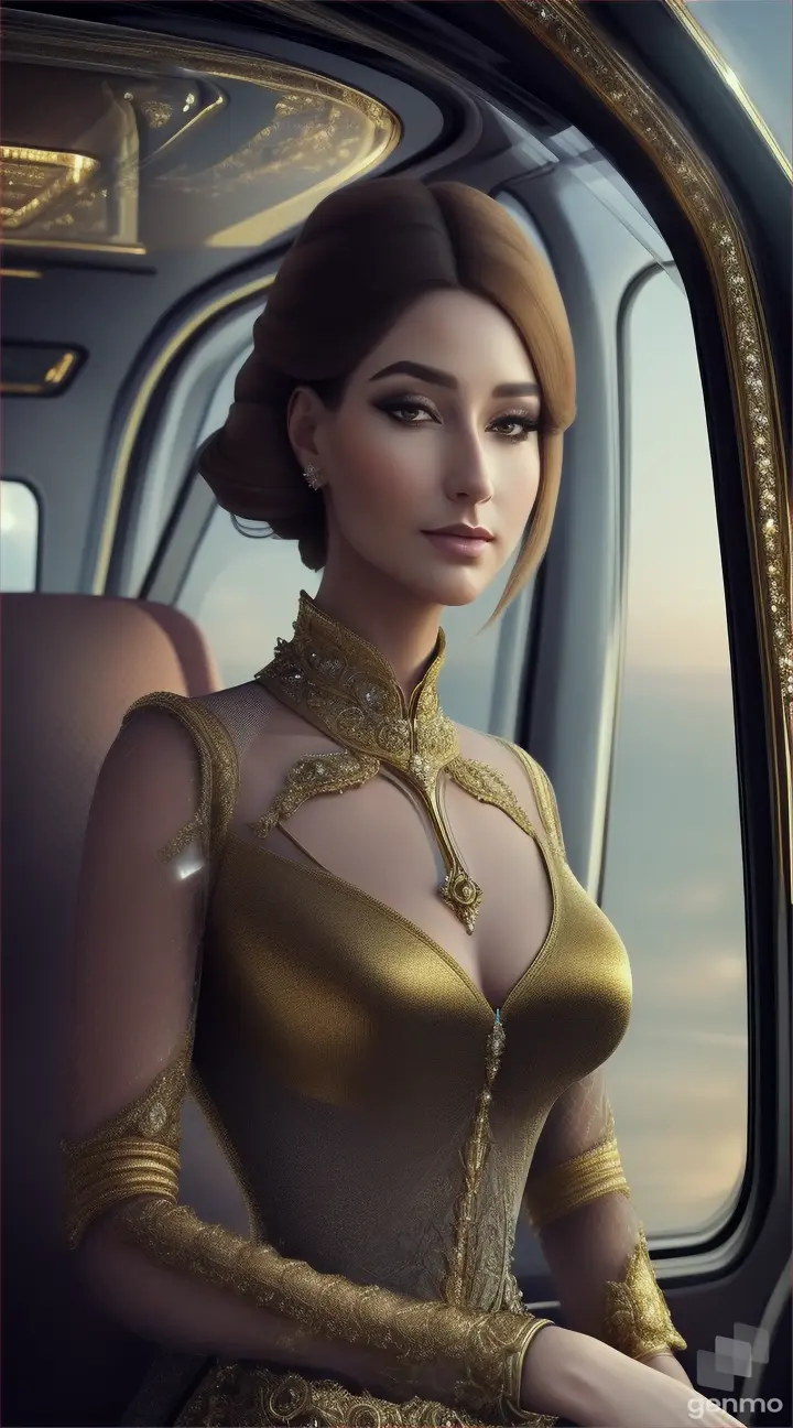 Reach-looking lady, wearing a futuristic transparent dress, traveling in a futuristic vehicle that looks inside like a baroque carriage full of luxury and comfort. Science-fiction climate, futuristic realistic image, high details.