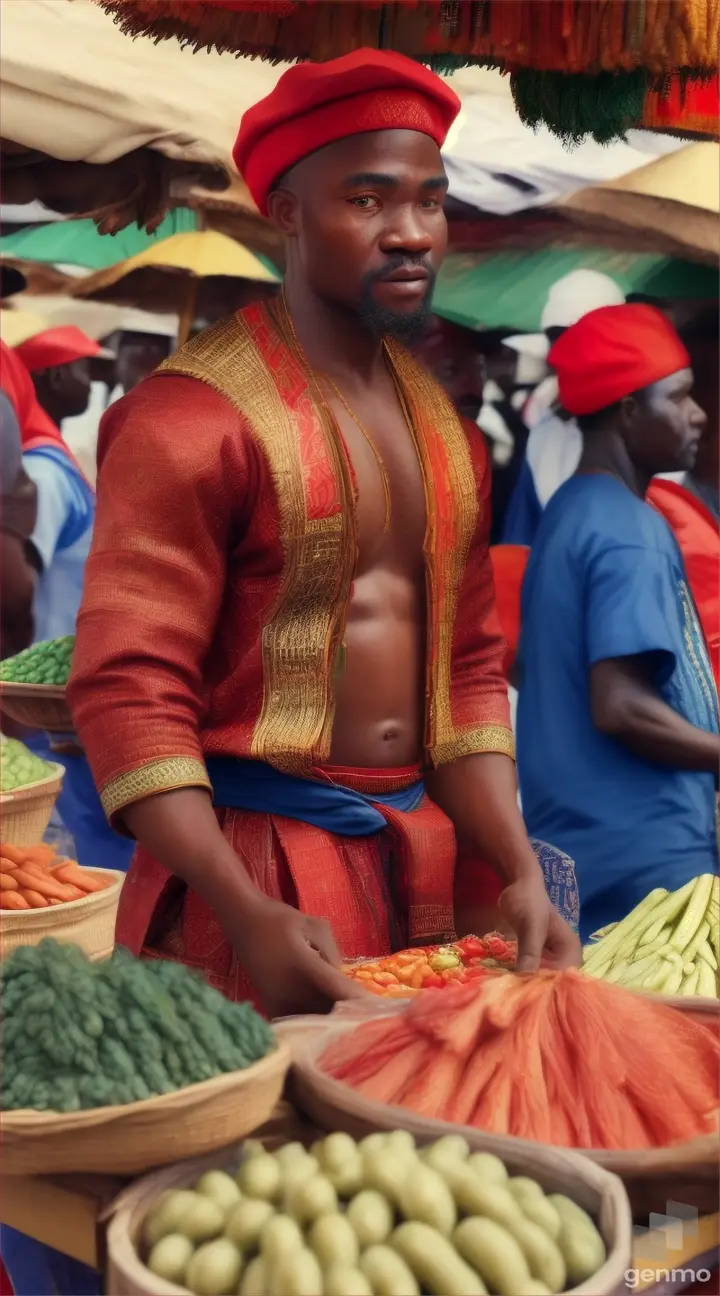 A realistic painting of an igbo man with red cap in the market