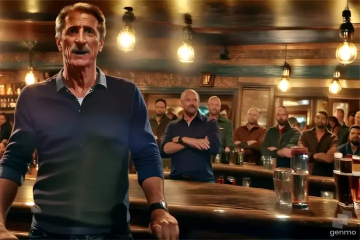 a man standing in front of a bar filled with people