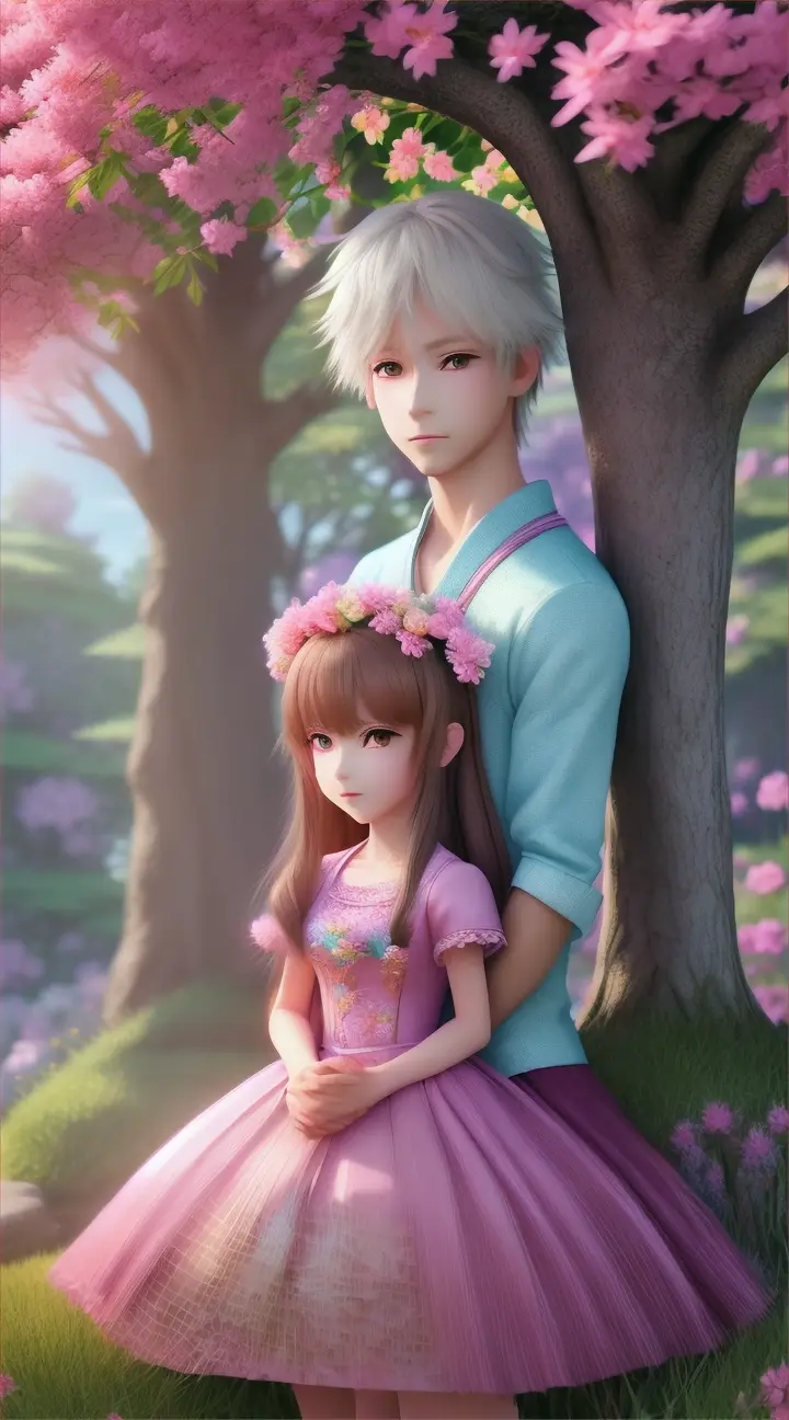 Beautiful 3D anime girl and boy in fantasy style, closed up, beautiful garden