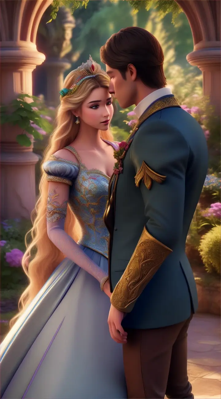 Beautiful Princess and a handsome prince in a beautiful garden, 3D fantasy style, closed up