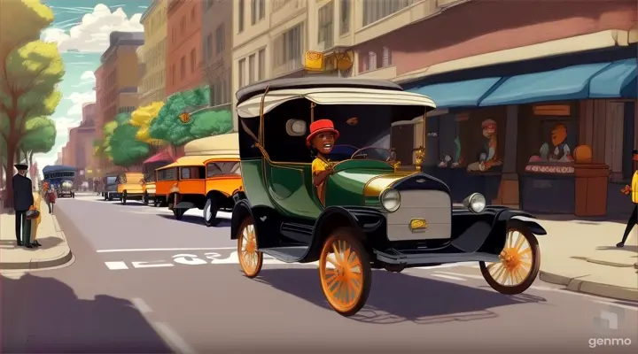 create a cartoon animaiton of 1921 with a few black people standing on the sidewalks and Model T Ford cars driving down the street.Please make faces clear and do not distort them.. Make cartoonish