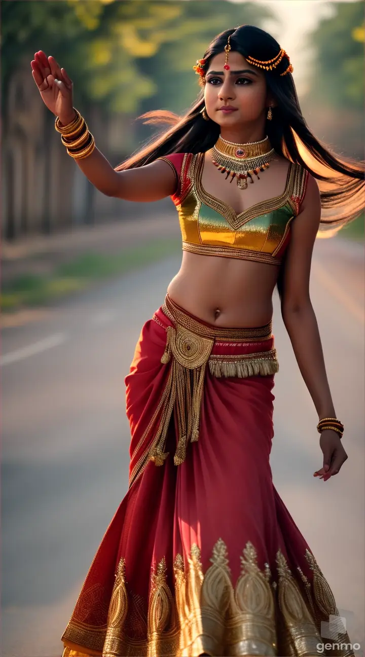 Indian girl dancing on road 