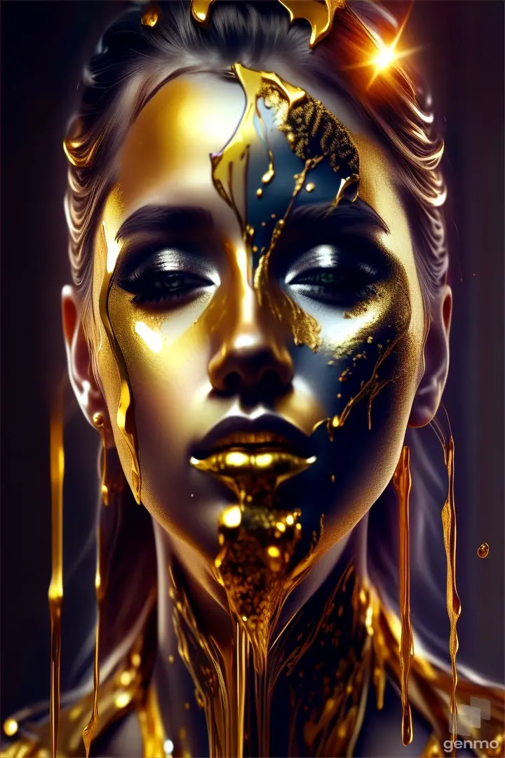 Woman with gold paint, dancing in the golden hour with natural light filtering through trees