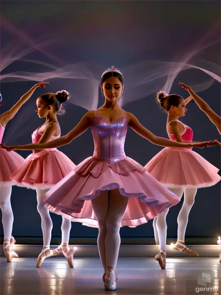  hermoso escenario bailarina con  tutú rosa bailando, "grand écart en l'air", (  salta y extiende ambas piernas bien abiertas en el aire) sobre un fondo de luces escénicas