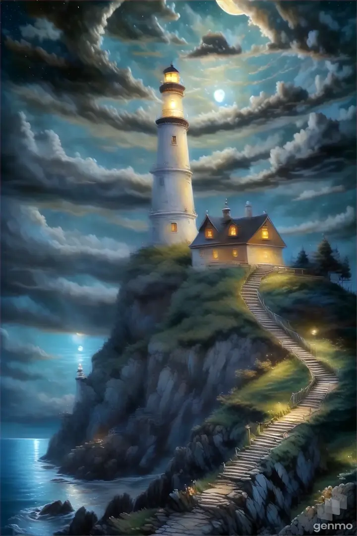 a painting of a lighthouse with a full moon in the background