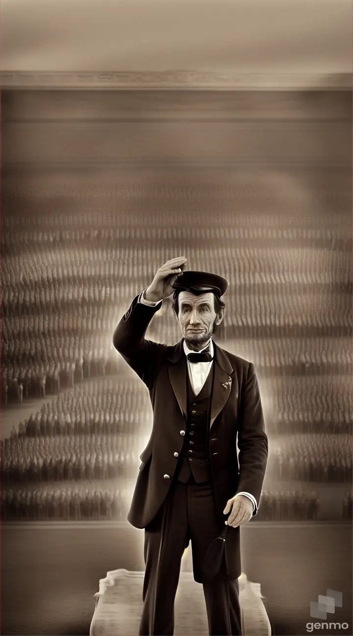 Abraham Lincoln standing delivering a speech, with a crowd gathered around him. no neg morphing