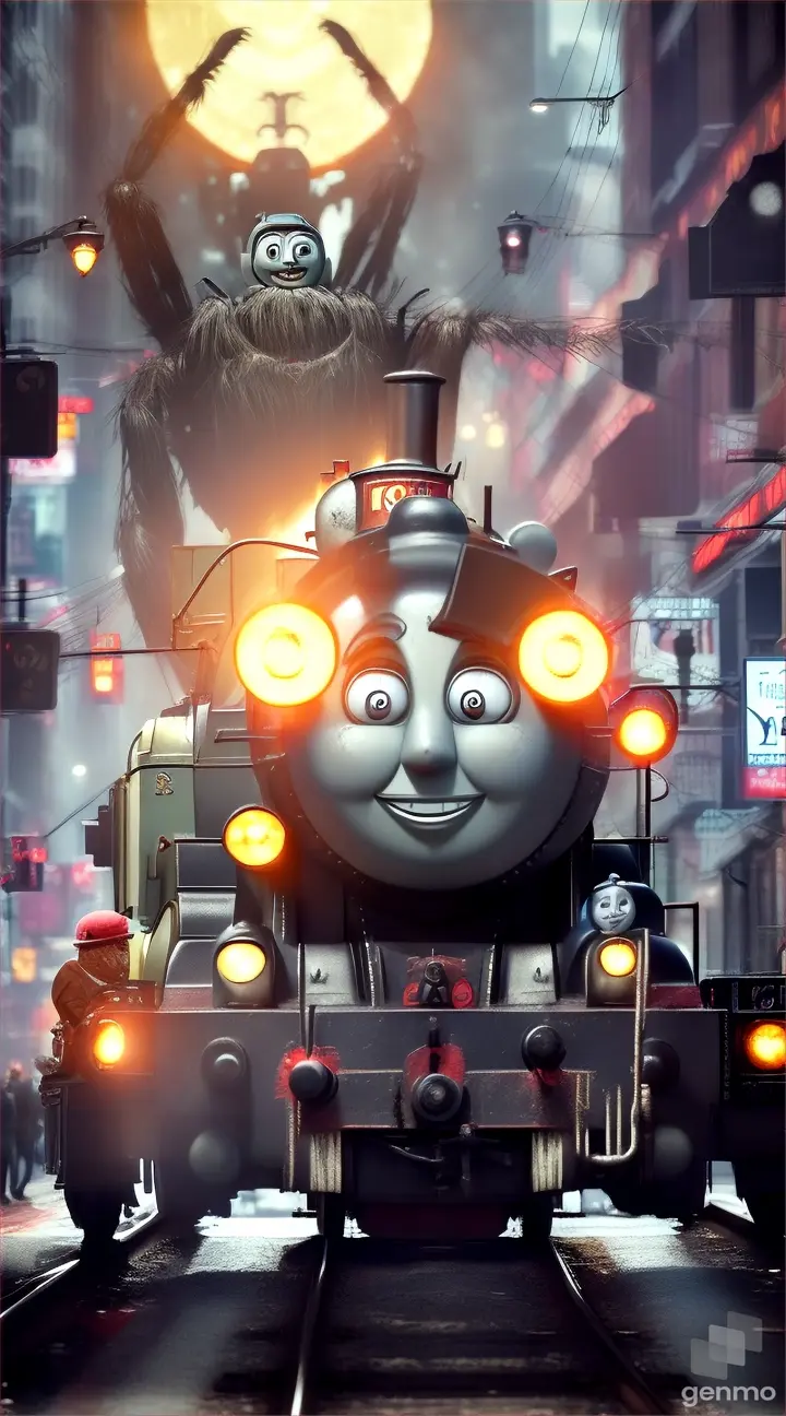 A creepiest Thomas tank engine with giant spider legs in Newyork, red light