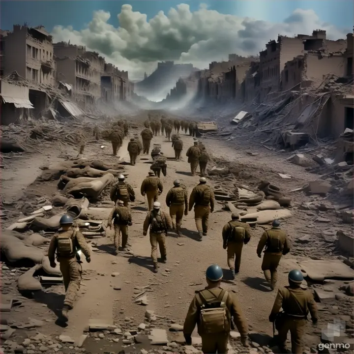 a group of soldiers walking through a destroyed city