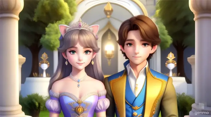 adult 30 years old prince and princess having ears like cat standing next to each other