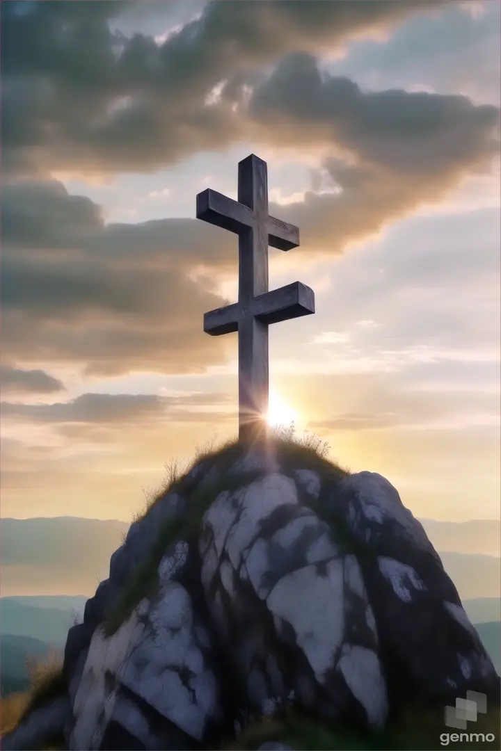 a cross sitting on top of a large rock