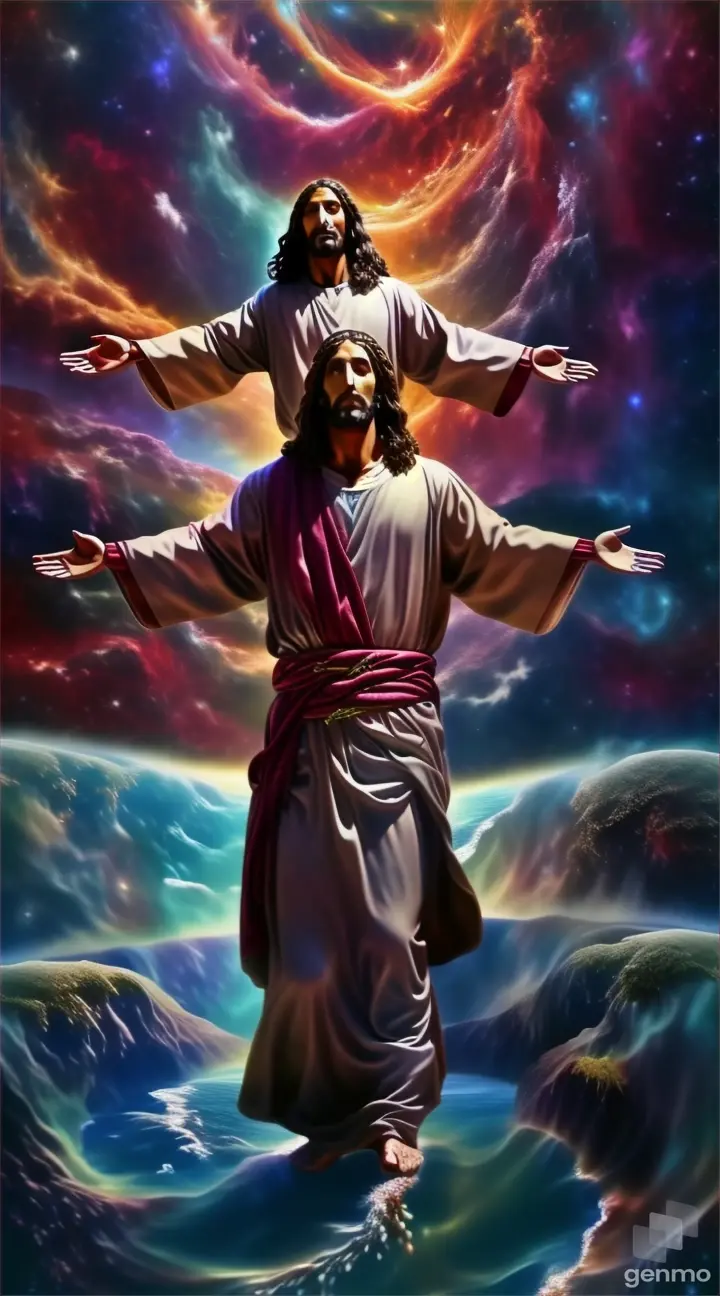 jesus standing in the water with his arms outstretched