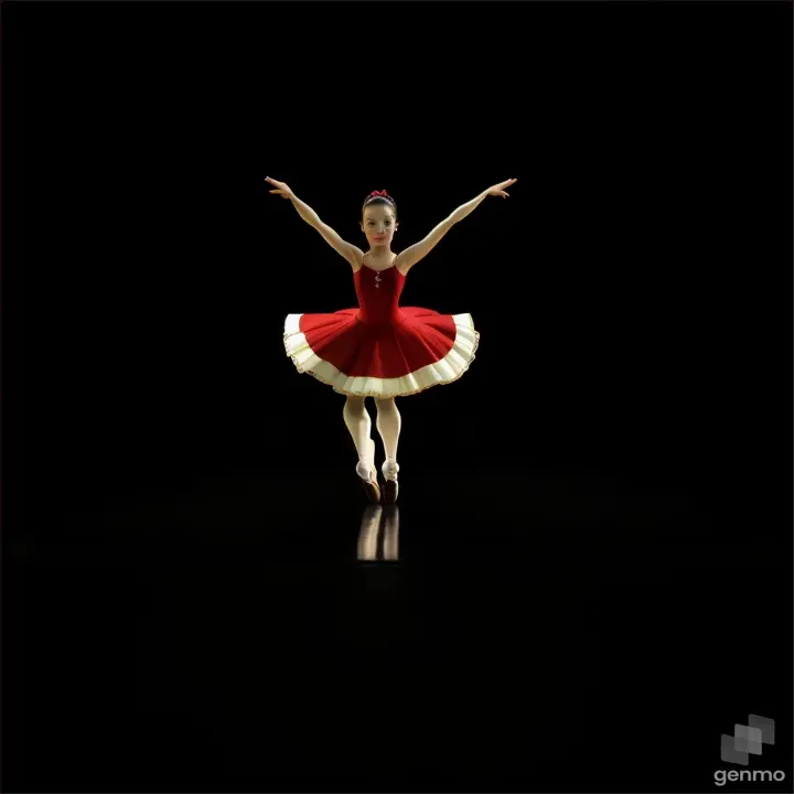 cartoon girl in a red Spanish dress. A ballerina in a Carmen costume dances the Spanish dance of castanets and makes a big jump across the stage. The ballerina has a perfect body, in the image there are only two arms and two legs. Long shot