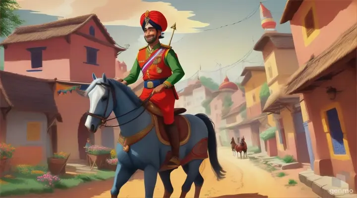 playfull cartoon of one indian soldier who is riding on a horse indian village ,in 16:9 ratio”