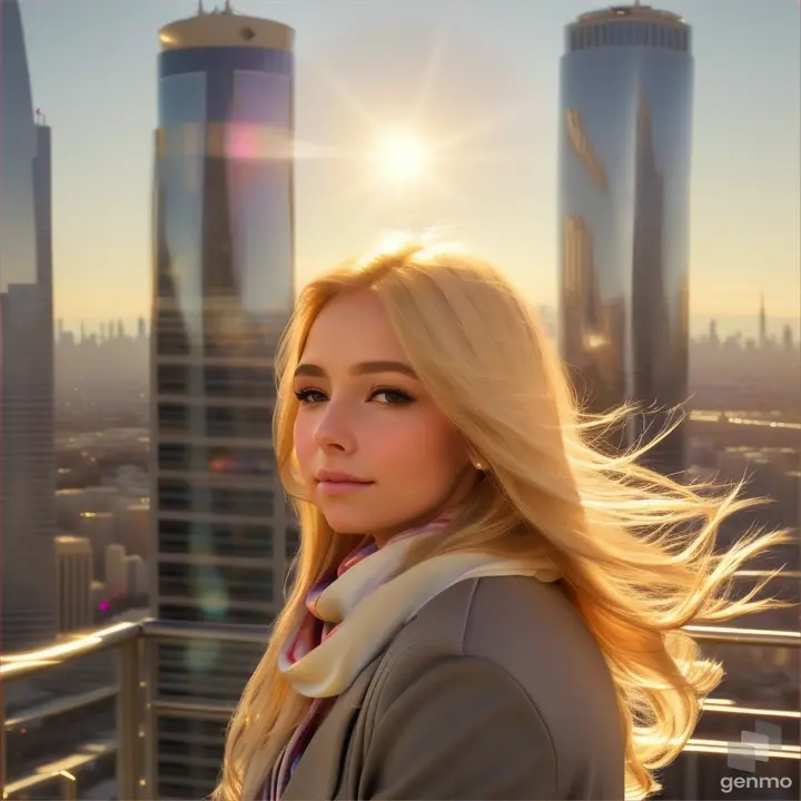 lively natural European girl opens/closes her eyes, her blonde hair fluttering in the wind and a silky scarf, a high-tech cityscape with skyscrapers is visible on the horizon