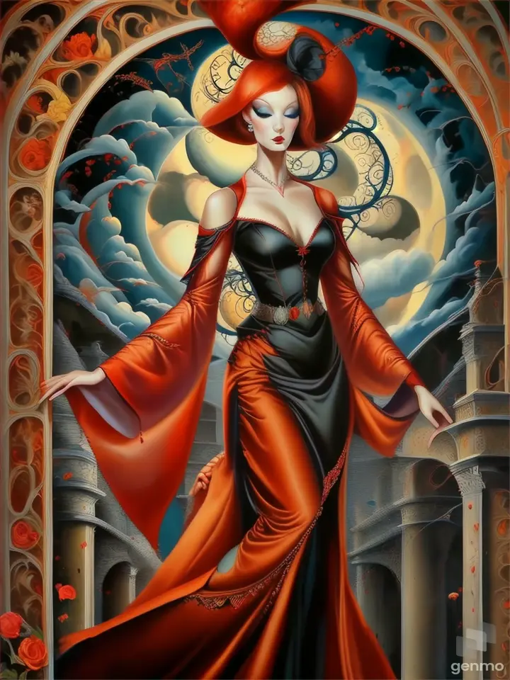a painting of a woman in a red and black dress