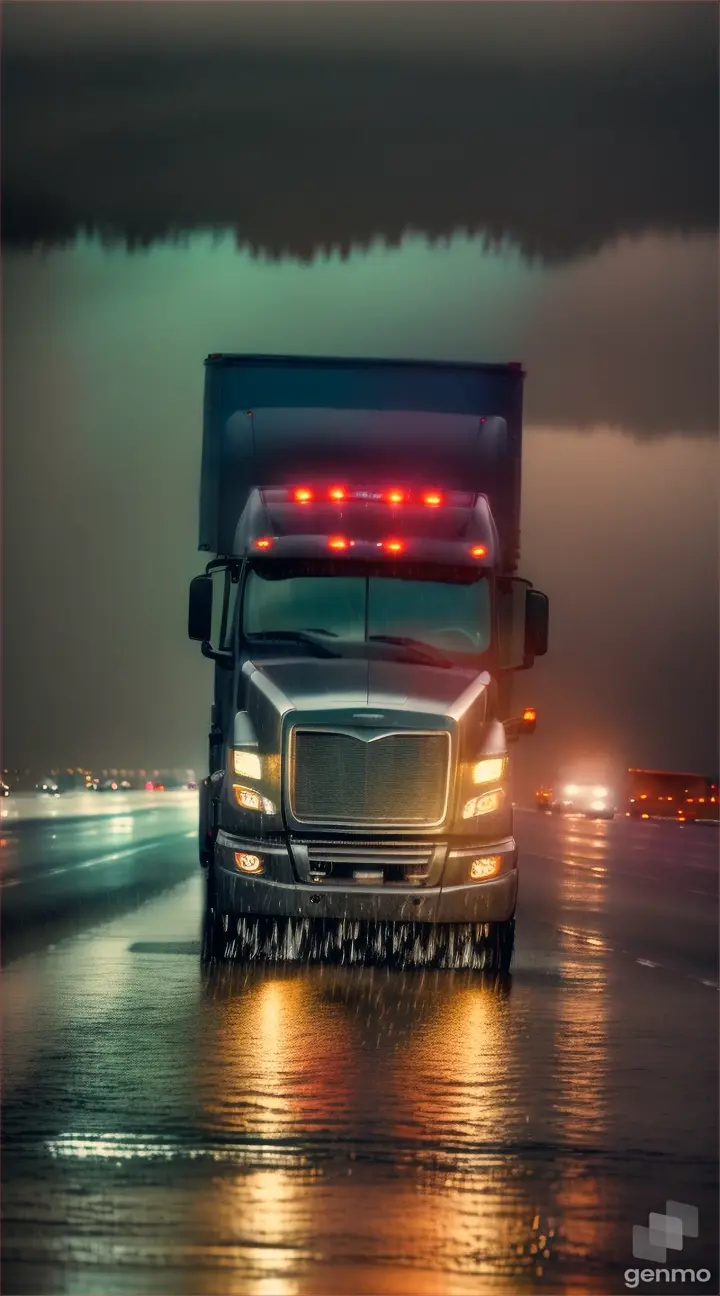 Truck moving down an endless dark and rainy highway, with only the glow of headlights and nearby street lamps to light the way to