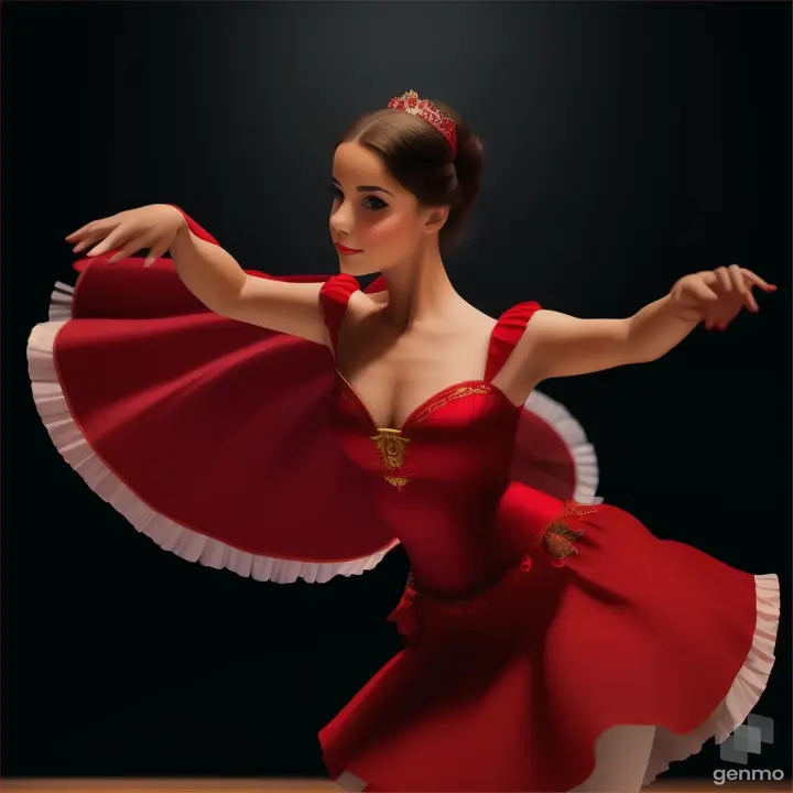 cartoon girl in a red Spanish dress. A ballerina in a Carmen costume dances the Spanish dance of castanets and makes a big jump across the stage. The ballerina has a perfect body, in the image there are only two arms and two legs. General  plan