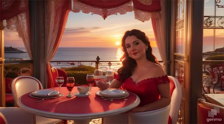 Woman in red dress sitting in an Art Nouveau terrace cafe by the sea, surrounded by sea-inspired motifs, during a beautiful sunset