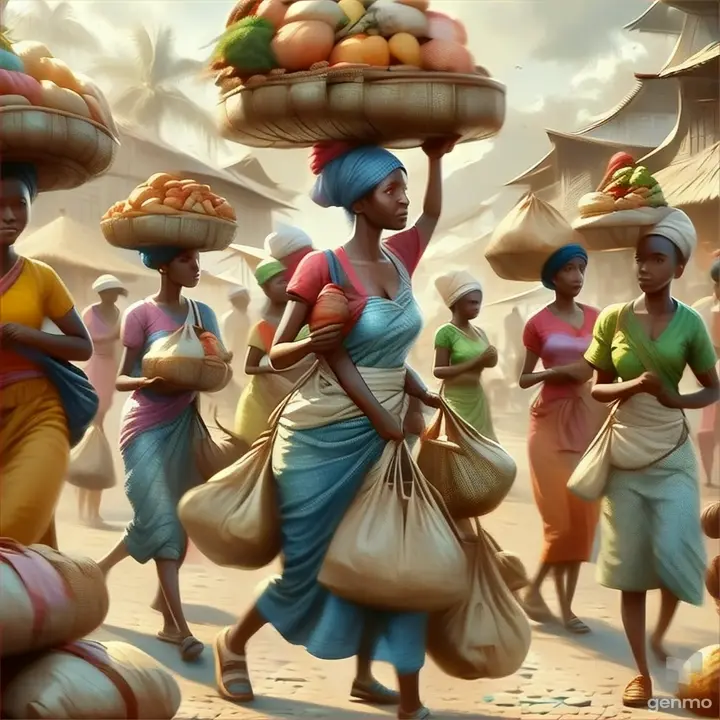 a group of women carrying bags of food on their heads